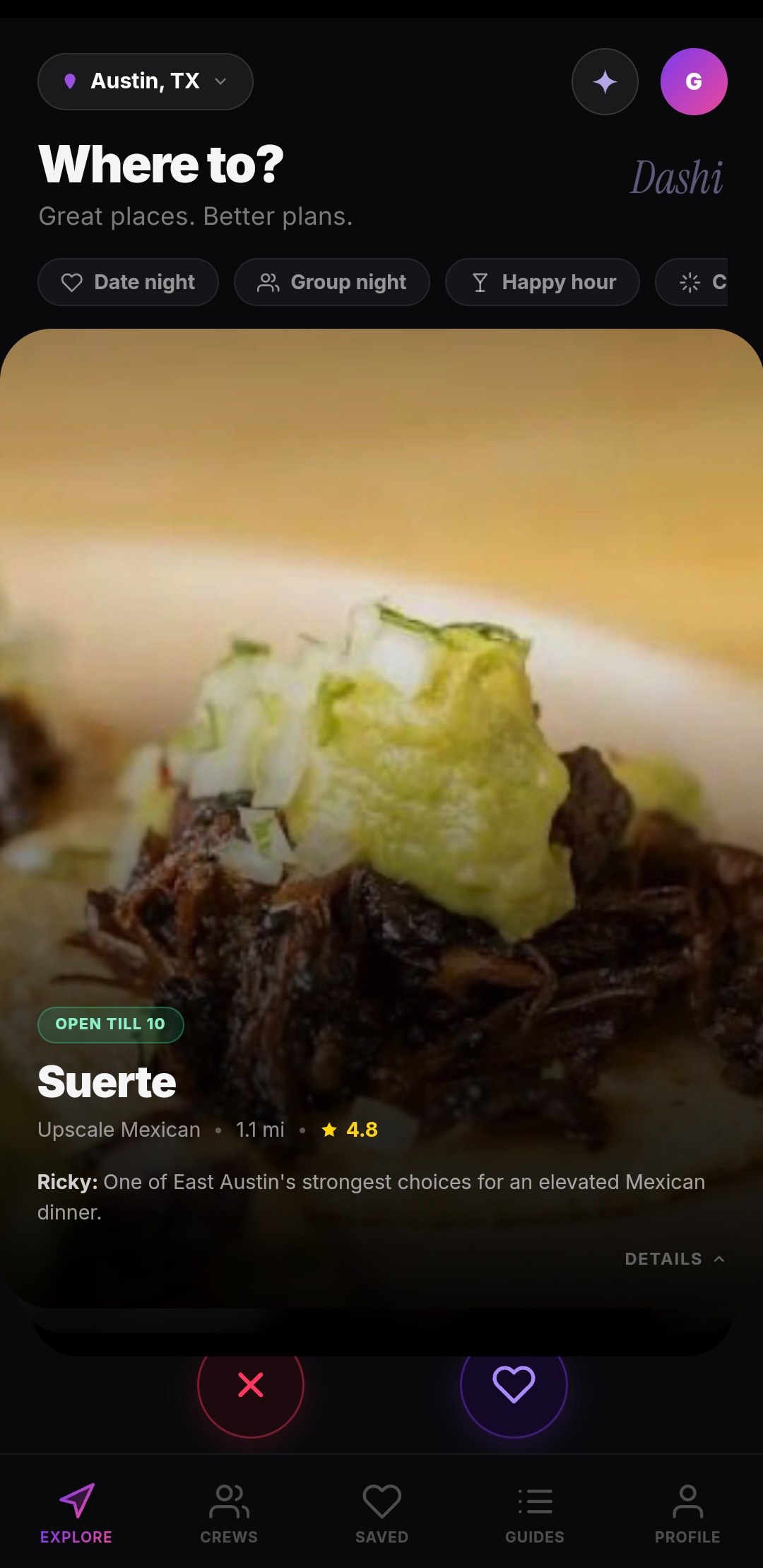 Dashi's Explore deck — the quiet card showing Suerte in East Austin